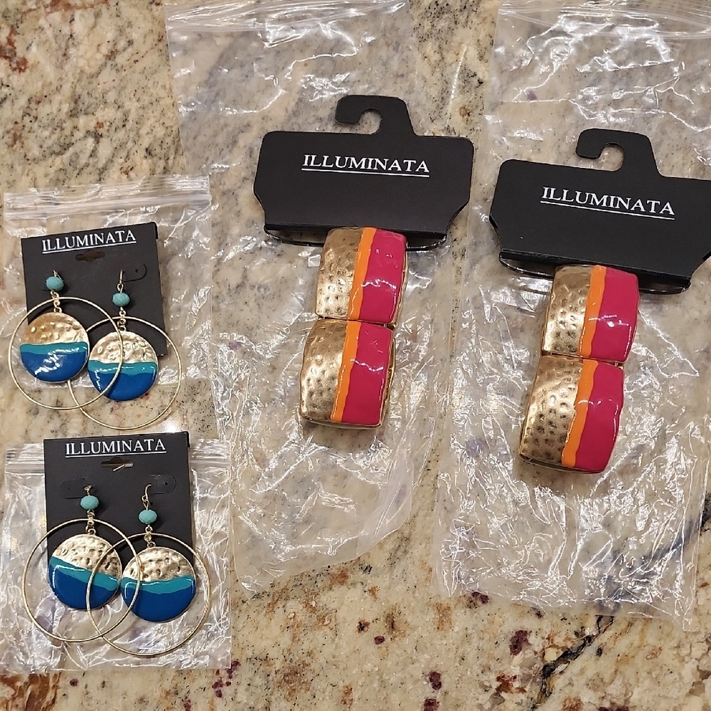 Illuminata 2 Gold and Pink Bangles And 2 Blue And Teal Earrings